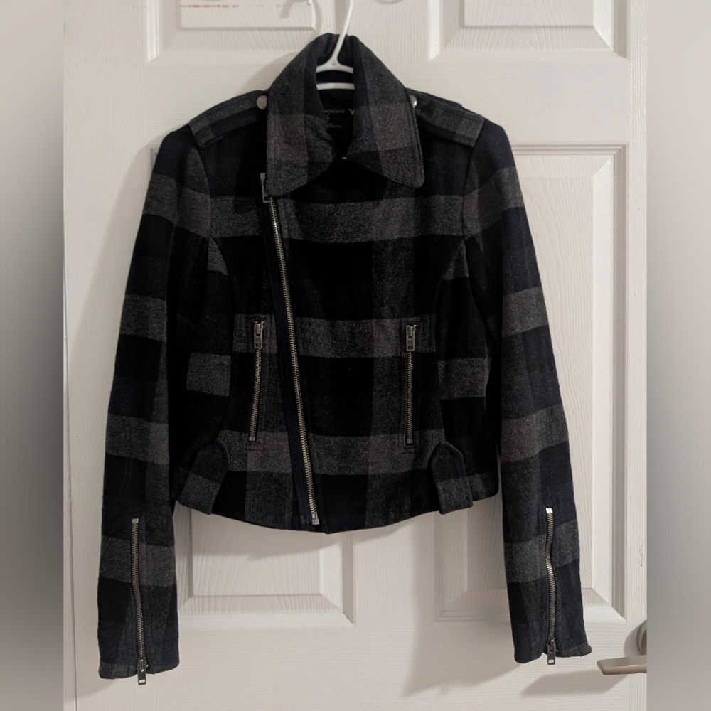 Vintage 2009 American Eagle Wool Moto Jacket Buffalo Plaid Grey Black Archive S